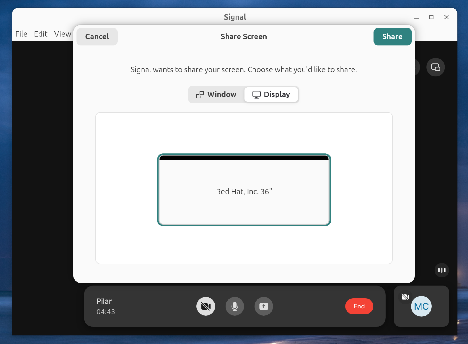Screenshot of Signal Desktop requesting permission to share the screen on GNOME