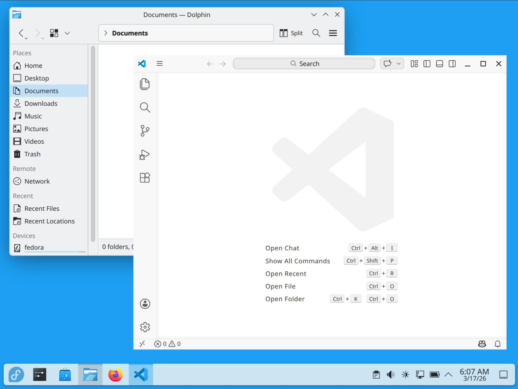 Screenshot of VS Code on KDE with no CSD